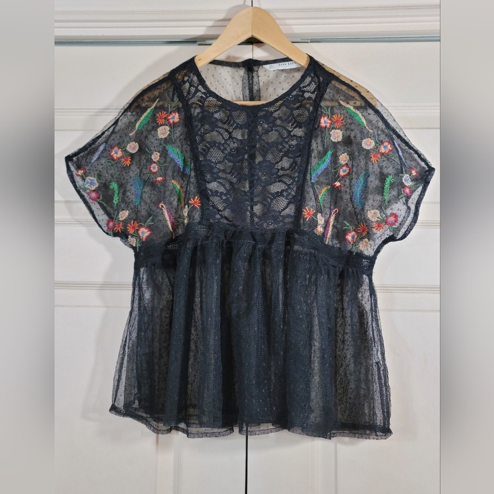 Zara Black Sheer Embroidered Feathers & Flowers Blouse Gem